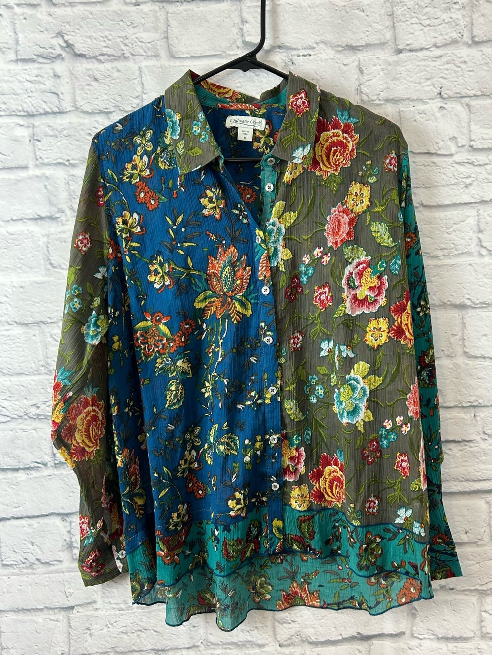 Coldwater Creek M Floral Patchwork Button Front Cotton Tunic Blouse Boho